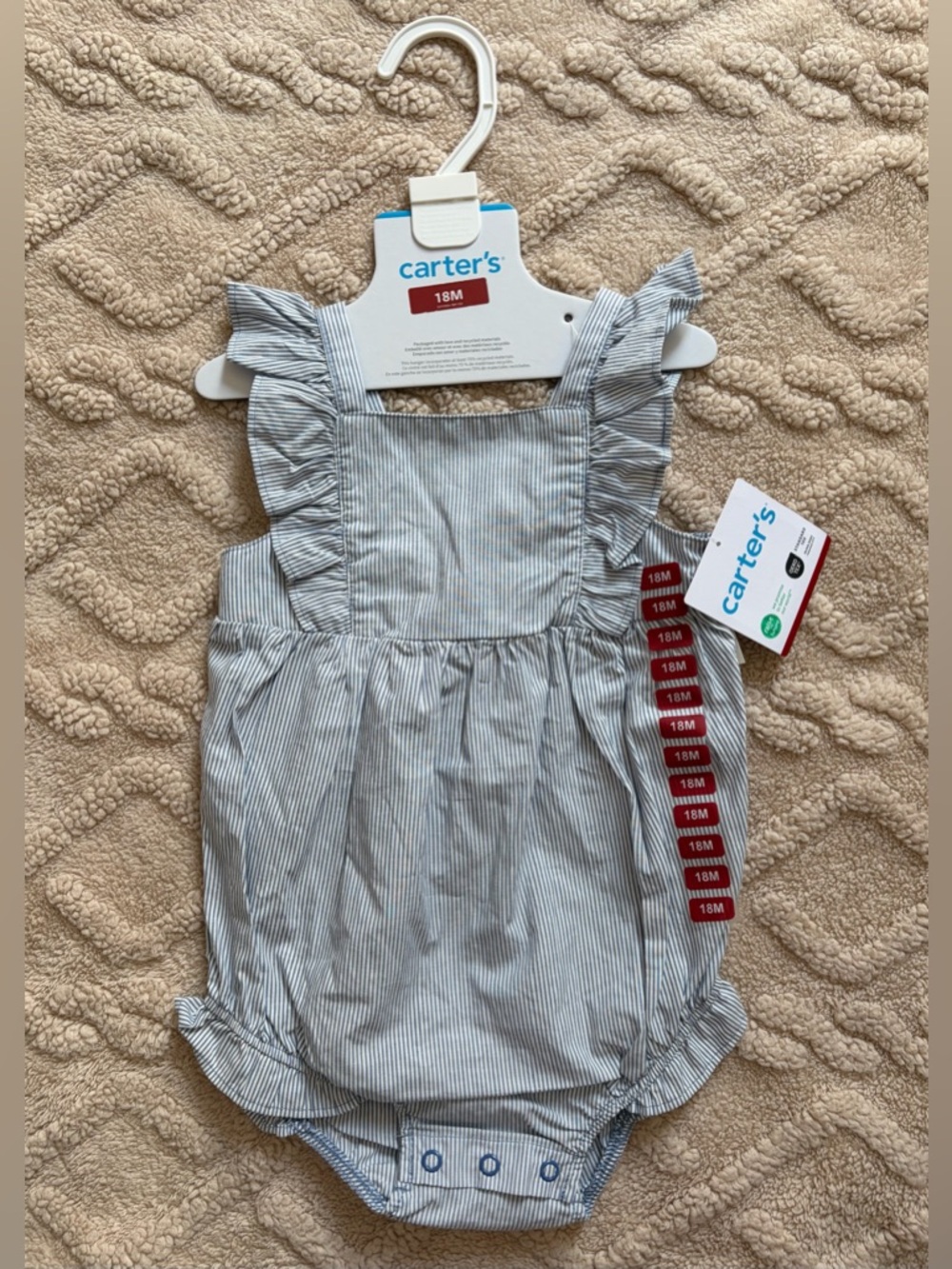 NWT Carter’s 18M Romper - Blue & White Striped Ruffle Bubble Romper W/ Snaps